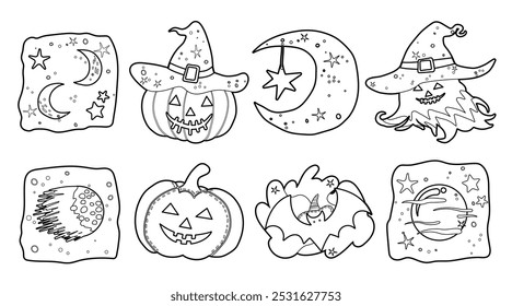 Conjunto de Elementos lindos aislados de la decoración de Halloween para la etiqueta engomada, insignia, etiqueta o etiqueta en estilo gráfico lindo de la ilustración en un fondo blanco.