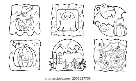 Conjunto de Elementos lindos aislados de la decoración de Halloween para la etiqueta engomada, insignia, etiqueta o etiqueta en estilo gráfico lindo de la ilustración en un fondo blanco.