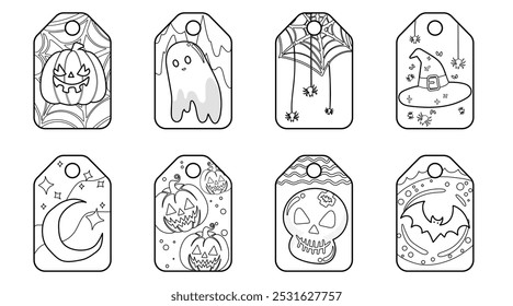 Conjunto de Elementos lindos aislados de la decoración de Halloween para la etiqueta engomada, insignia, etiqueta o etiqueta en estilo gráfico lindo de la ilustración en un fondo blanco.