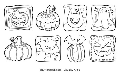 Conjunto de Elementos lindos aislados de la decoración de Halloween para la etiqueta engomada, insignia, etiqueta o etiqueta en estilo gráfico lindo de la ilustración en un fondo blanco.