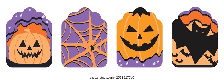 Conjunto de Elementos lindos aislados de la decoración de Halloween para la etiqueta engomada, insignia, etiqueta o etiqueta en estilo gráfico lindo de la ilustración en un fondo blanco.