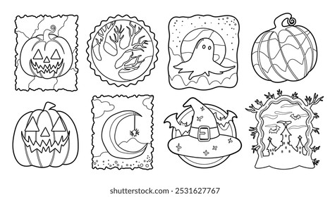 Conjunto de Elementos lindos aislados de la decoración de Halloween para la etiqueta engomada, insignia, etiqueta o etiqueta en estilo gráfico lindo de la ilustración en un fondo blanco.