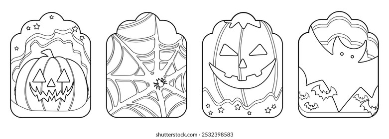 Conjunto de Elementos lindos aislados de la decoración de Halloween para la etiqueta engomada, insignia, etiqueta o etiqueta en estilo gráfico lindo de la ilustración en un fondo blanco.