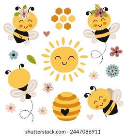 set isolated with cute happy bees, sun, flowers