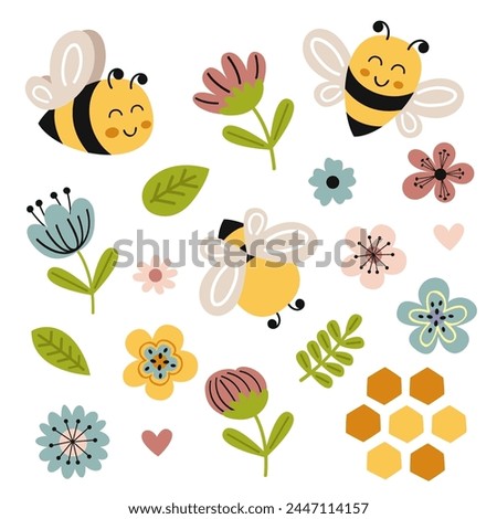set isolated with cute happy bees, flowers