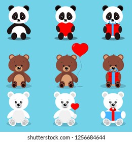 Set of isolated cute holiday bears in sitting pose with gifts and hearts:brown bear, polar bear, panda on blue background in cartoon flat style. Vector clip art illustration. 