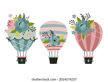 set of isolated cute hot air balloons with flowers
