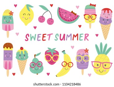 set of isolated cute ice cream and fruits