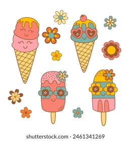 set of isolated cute ice cream and flowers