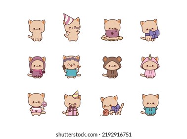 Set isolated cute kitty kawaii chibi style. Cat character. Vector Illustration