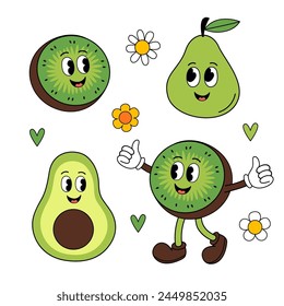 set of isolated cute kiwi, pear, avocado