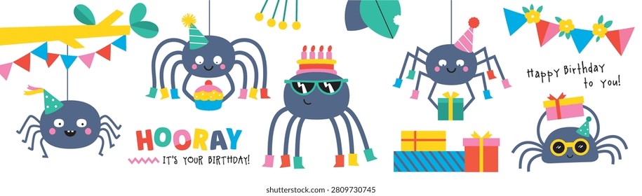 Set of isolated cute little spiders in cartoon style. Birthday party vector illustration for greeting card, invitation card, sticker, prints
