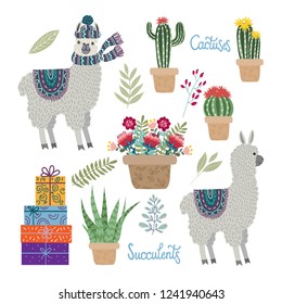 Set of isolated Cute llamas with flowers, cactuses and succulents on a white background, collection elements for your design. Hand drawing flat doodles vector Illustration