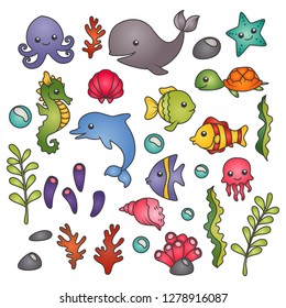 Set of isolated cute marine animals, seawweed and corals