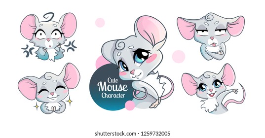 Set of isolated cute mouse in different poses in cartoon style. Funny chatacter stickers.