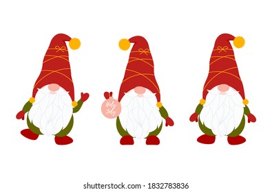 Set of isolated cute Nordic gnome. Xmas funny yule in red hat. Symbol of Christmas in Scandinavian style. Vector Illustration