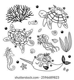 set of isolated cute outline  sea animals with flowers