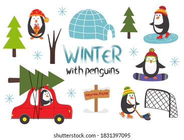 set of isolated cute penguins in winter