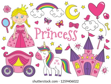 set of isolated cute princess and design elements  - vector illustration, eps