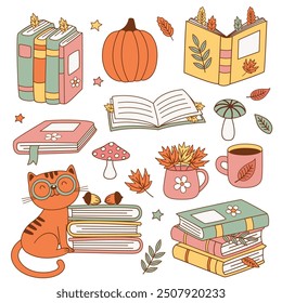 Conjunto de calabaza linda aislada, libros, gato