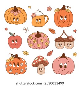 set of isolated cute pumpkins, acorn, mushroom, apple