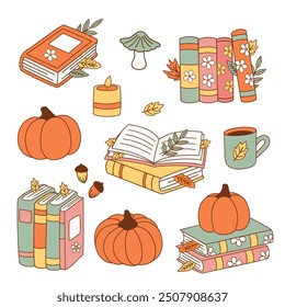 set of isolated cute pumpkins and books