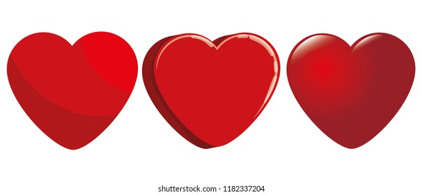 Set of isolated cute red hearts in different styles on a white background. Vector illustration.
