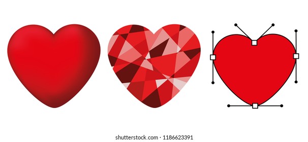 Set of isolated cute red hearts in different styles on a white background. Vector illustration.