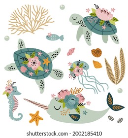 set of isolated cute sea animals with flowers