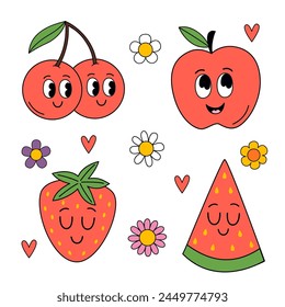 set of isolated cute strawberry, watermelon, apple, cherry