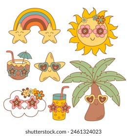 set of isolated cute sun, cloud, palm tree, starfish, rainbow