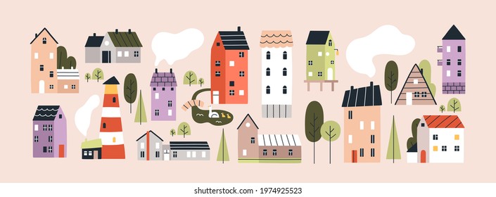 Set of isolated cute tiny houses, small buildings and trees in Scandinavian style. Trendy urban and village homes with windows, roof tiles and chimneys with smoke. Colored flat vector illustration.