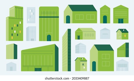 Set of isolated cute tiny houses, small buildings 