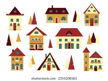 Set of isolated cute tiny houses, small buildings and pines in flat style. Trendy urban and village homes with windows, roof, doors, balconies and chimneys. Colored flat vector illustration.