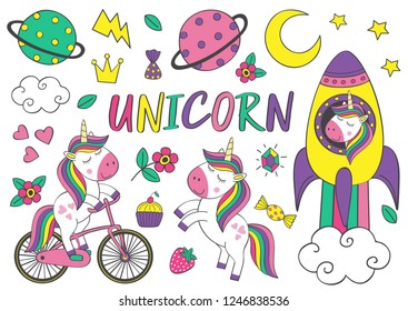 set of isolated cute unicorn and elements part 2 - vector illustration, eps