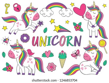 set of isolated cute unicorn and elements 
 part 1 - vector illustration, eps
