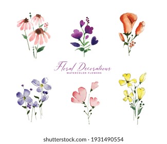 set of isolated cute watercolor flowers elements