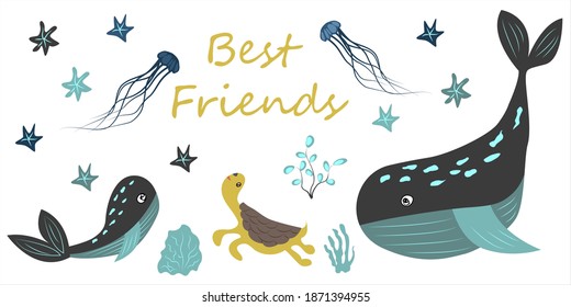 set of isolated cute whales, turtles and jellyfish-vector illustration, eps