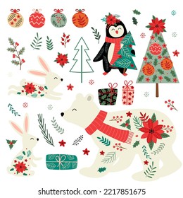 set of isolated cute winter animals and Christmas elements
