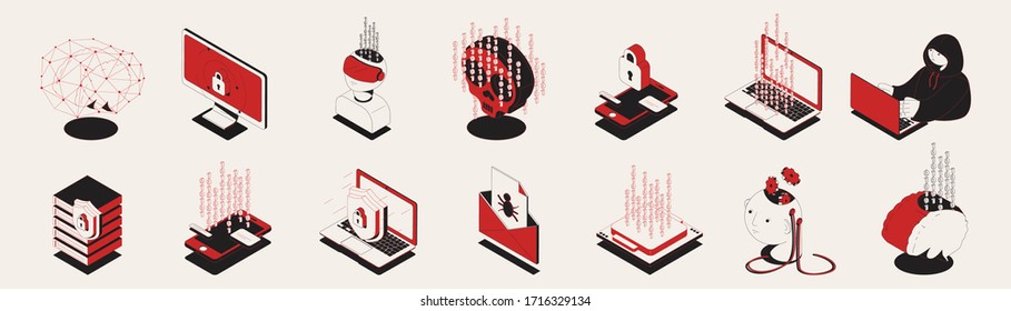 Set of isolated cyber attack security isometric icons with pictograms and symbols of computer safety protection vector illustration