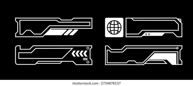 Conjunto de marcos de caja de texto cyberpunk aislados con estilo HUD futurista. Diseño de línea de ciencia ficción limpio ideal para proyectos de interfaz de usuario, interfaz de juego, tablero de instrumentos, superposición y tecnología digital. Vector totalmente editable para el Uso comercial.