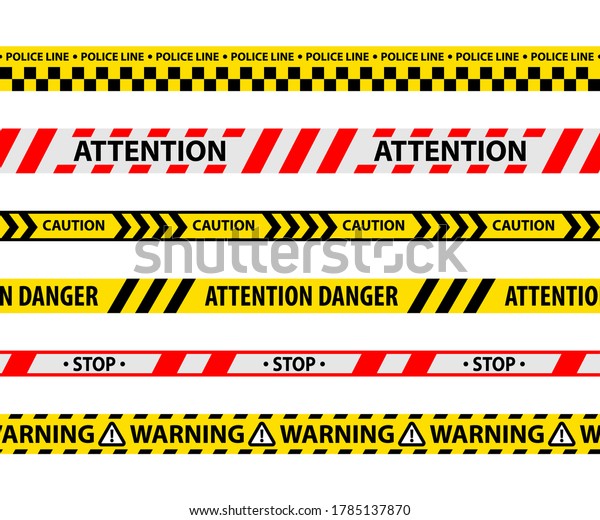 Set of isolated danger tape or yellow ribbon.
Safety line or police barrier. Warning or security restriction
symbol. Stop and attention, warning and forbidden restrict. Vector
sign for crime caution