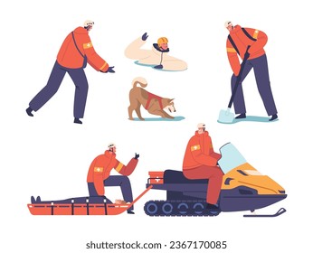 Juego de salvadores aislados y atrevidos de montaña con perros, motos de nieve y equipos valientes terreno peligroso para salvar vidas