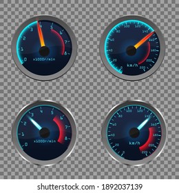 Set Of Isolated Dashboard Speedometers. Motorbike Or Motorcycle, Auto Or Automobile, Lorry Speed Measure Gauge. Odograph Or Odometer. Icon For Download Progress Display, Performance Indicator