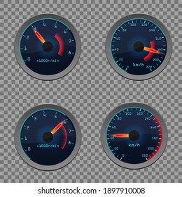 Set of isolated dashboard speedometers. Motorbike or motorcycle, auto or automobile, lorry speed measure gauge.