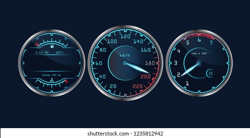 Set of isolated dashboard speedometers. Realistic sensor panel with arrows. Vector scale of level gasoline, vehicle tachometer, car speedometer. Chrome neon board. Measuring speed illustration.