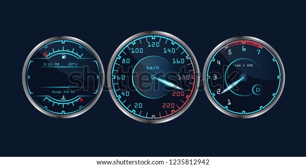 Set of isolated dashboard speedometers.
Realistic sensor panel with arrows. Vector scale of level gasoline,
vehicle tachometer, car speedometer. Chrome neon board. Measuring
speed illustration.