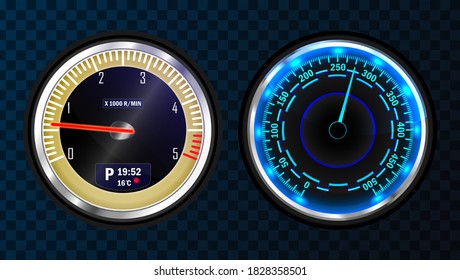 Set of isolated dashboard speedometers. Speed meter fast race technology design measurement panel. Chrome neon board.
