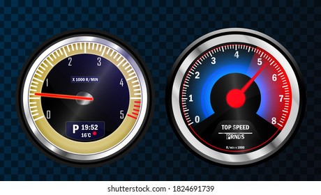 Set of isolated dashboard speedometers. Speedometer speed car auto dashboard design. Speed meter abstract technology drive panel.