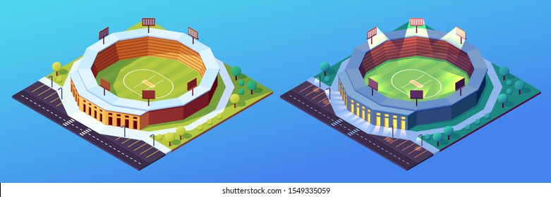 Set of isolated day and night stadiums for cricket game. Building with grass field and illuminated floodlit or spotlight. Isometric construction for cricketer sport play. Lawn and green ground, pitch